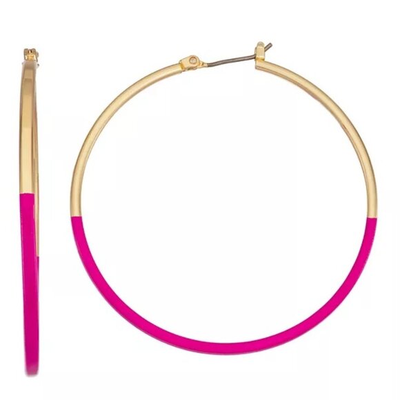NINE WEST Retro 1980's Inspired Gold Neon Hot Pink Enamel 2" Hoop Earrings**NEW! - Picture 1 of 2